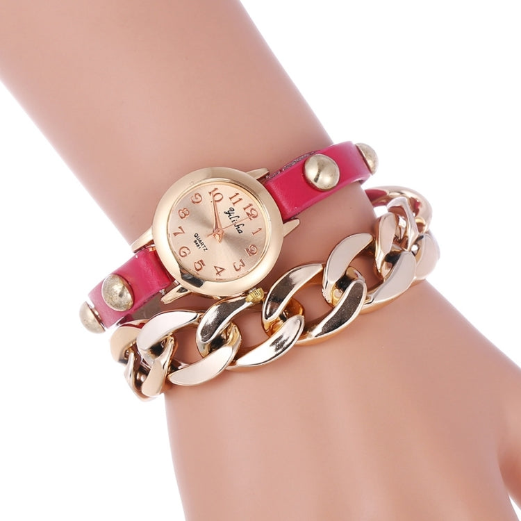 YiLiSha Round Rose Golden Number Graduation Display Fashion Women Lovers Quartz Watch with Irregular Shape Chain & PU Leather Double Band