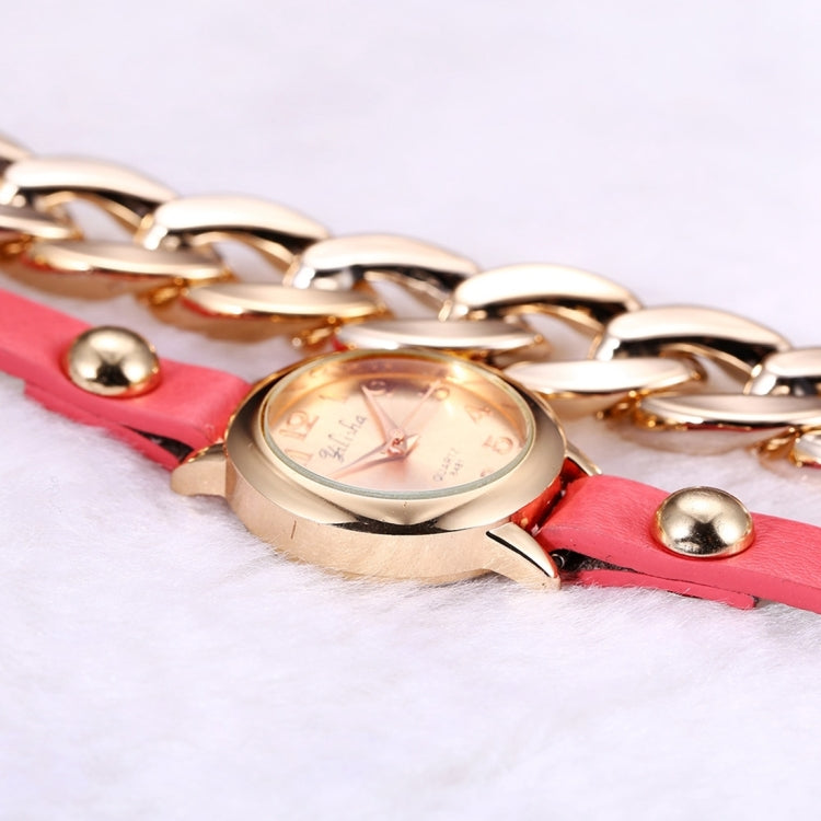 YiLiSha Round Rose Golden Number Graduation Display Fashion Women Lovers Quartz Watch with Irregular Shape Chain & PU Leather Double Band