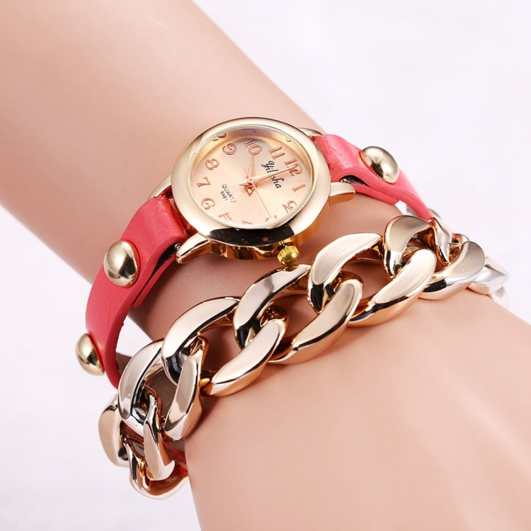 YiLiSha Round Rose Golden Number Graduation Display Fashion Women Lovers Quartz Watch with Irregular Shape Chain & PU Leather Double Band