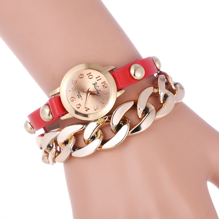 YiLiSha Round Rose Golden Number Graduation Display Fashion Women Lovers Quartz Watch with Irregular Shape Chain & PU Leather Double Band