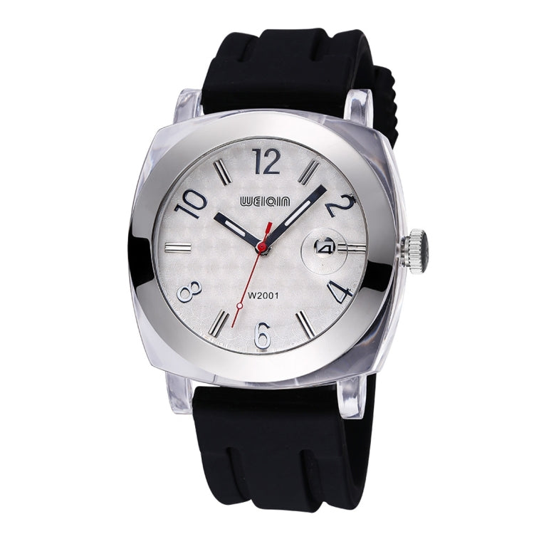 WeiQin 2705 Curved Glass Window Silver Number Scale Calendar Display Fashion Women Quartz Watch with Silicone Band (Black + White)