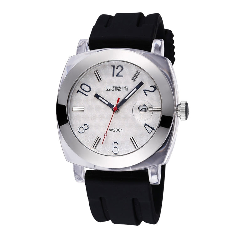 WeiQin 2705 Curved Glass Window Silver Number Scale Calendar Display Fashion Women Quartz Watch with Silicone Band (Black + White)