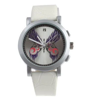 Butterfly Design Dial Quartz Watch with White Leather Watchband