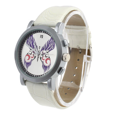 Butterfly Design Dial Quartz Watch with White Leather Watchband
