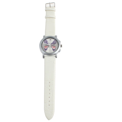 Butterfly Design Dial Quartz Watch with White Leather Watchband
