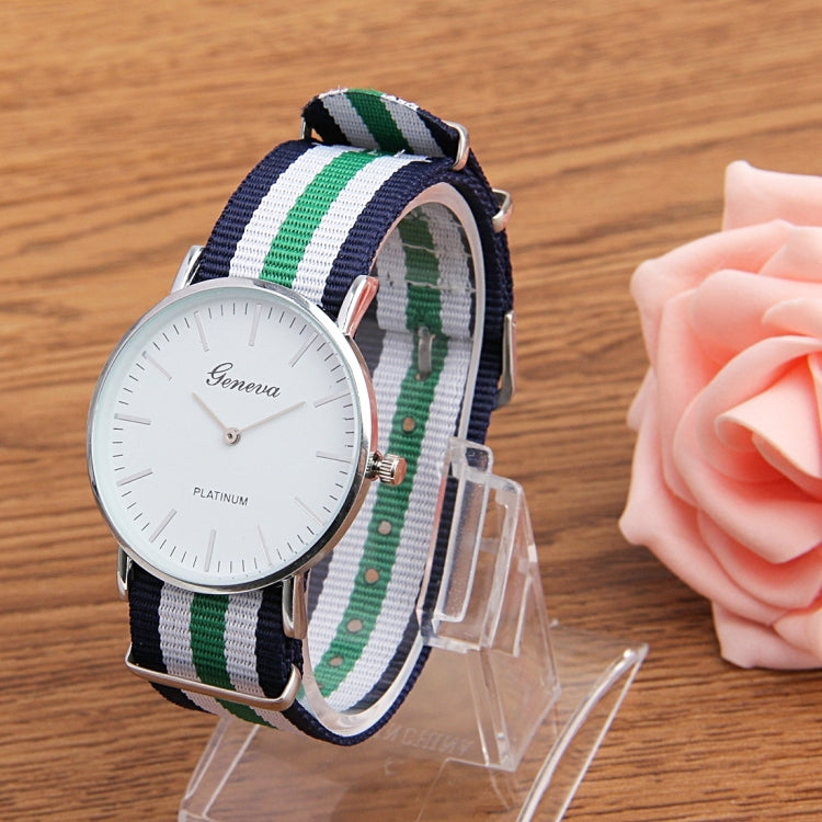 Geneva Round Dial Simple Scale Women & Men Quartz Watch with Nylon Band (Dark Blue + Green + White)