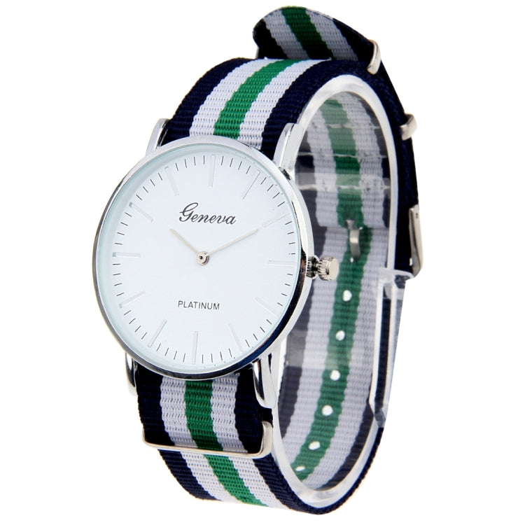 Geneva Round Dial Simple Scale Women & Men Quartz Watch with Nylon Band (Dark Blue + Green + White)