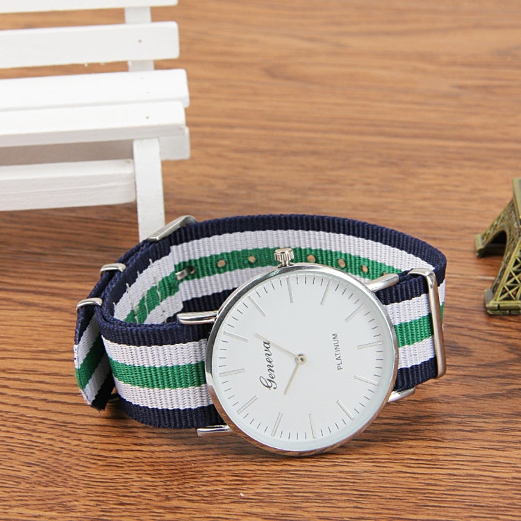 Geneva Round Dial Simple Scale Women & Men Quartz Watch with Nylon Band (Dark Blue + Green + White)