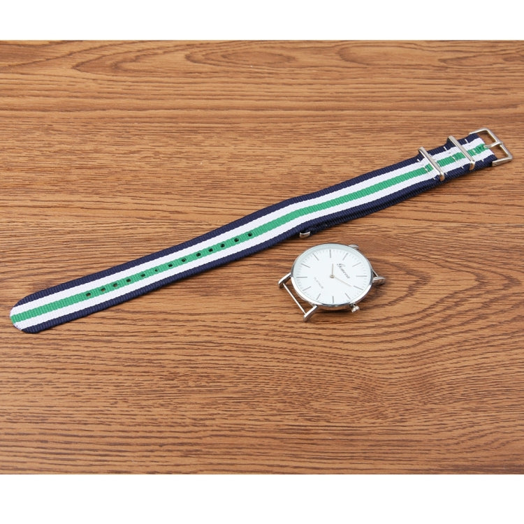 Geneva Round Dial Simple Scale Women & Men Quartz Watch with Nylon Band (Dark Blue + Green + White)