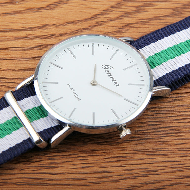 Geneva Round Dial Simple Scale Women & Men Quartz Watch with Nylon Band (Dark Blue + Green + White)