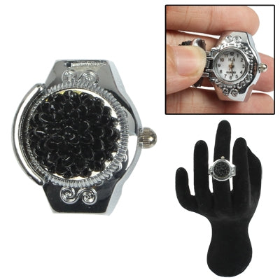 Stylish Finger Ring Quartz Watch / Timepiece Elastic Watch with Flower Style Lid(Black)