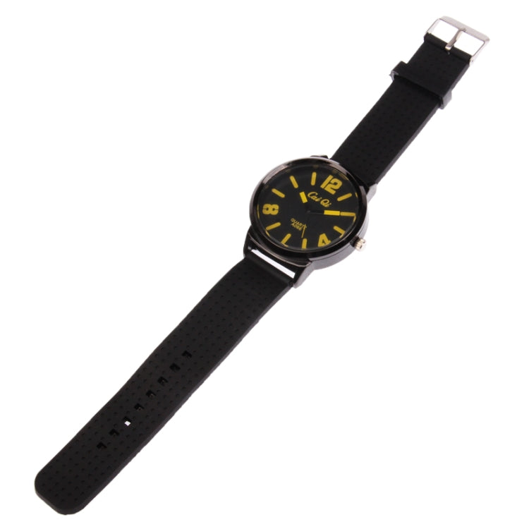 Classic Round Style Quartz Wrist Watch with Silicone Band (Black + Yellow)