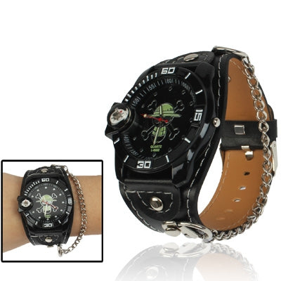 Cool Unisex Quartz Wrist Watch with Compass & Skull Pattern & Synthetic Leather Band Strap + Metal Chain