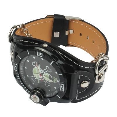 Cool Unisex Quartz Wrist Watch with Compass & Skull Pattern & Synthetic Leather Band Strap + Metal Chain