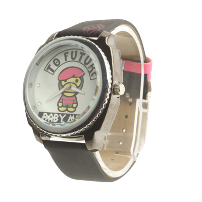 Monkey Design Diamond Jewelry Cartoon Metal Watch with Black Leather Watchband(Black)