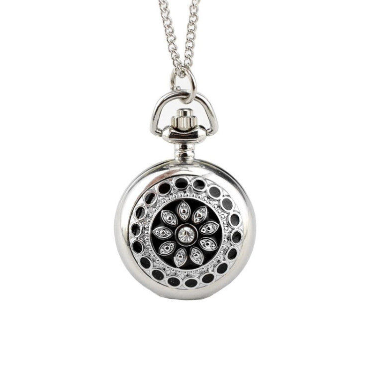 Fashionable Pocket Quartz Watch Pendant with Flower Pattern Rhinestone Decoration + Chain(Silver)