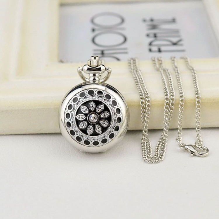Fashionable Pocket Quartz Watch Pendant with Flower Pattern Rhinestone Decoration + Chain(Silver)