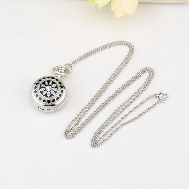 Fashionable Pocket Quartz Watch Pendant with Flower Pattern Rhinestone Decoration + Chain(Silver)