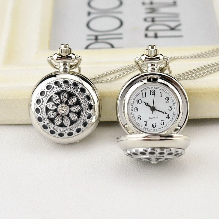 Fashionable Pocket Quartz Watch Pendant with Flower Pattern Rhinestone Decoration + Chain(Silver)