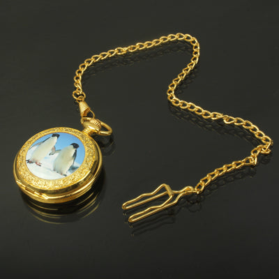 Fashion Golden Penguin Pattern Quartz Movement Pocket Watch with Hook