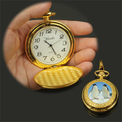 Fashion Golden Penguin Pattern Quartz Movement Pocket Watch with Hook