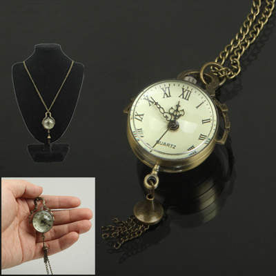 Classical Rhinestone Convex Lens Dial Copper Chain Pocket Watch