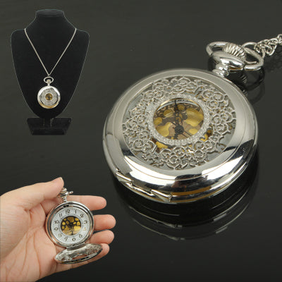 Retro Style Quartz Pocket Watch Gift with Hanging Neck Chain with Flower Pattern