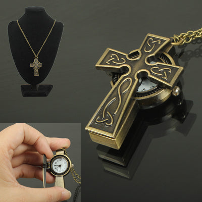 Classical Copper Cross Style Quartz Pocket Watch with Hanging Neck Chain