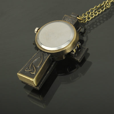 Classical Copper Cross Style Quartz Pocket Watch with Hanging Neck Chain