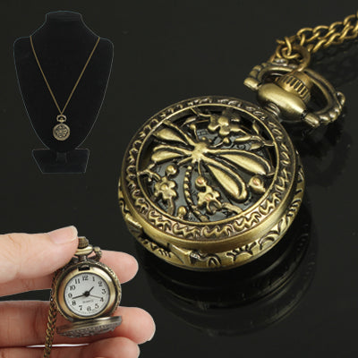 Classical Copper Dragonfly Style Unique Quartz Pocket Watch with Hanging Neck Chain