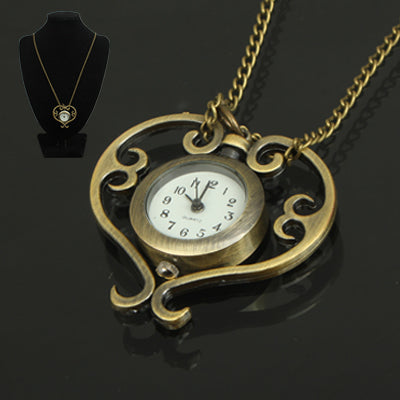 Classical Copper Heart Style Rotatable Quartz Pocket Watch with Hanging Neck Chain