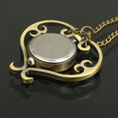Classical Copper Heart Style Rotatable Quartz Pocket Watch with Hanging Neck Chain
