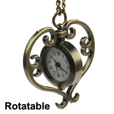 Classical Copper Heart Style Rotatable Quartz Pocket Watch with Hanging Neck Chain