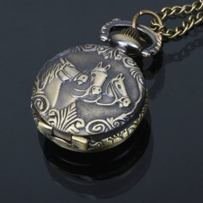 Horse Pattern Alloy Chain Analog Quartz Pocket Watch
