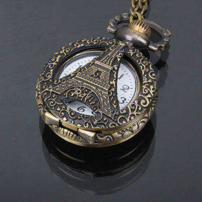 Tower Pattern Alloy Chain Analog Quartz Pocket Watch