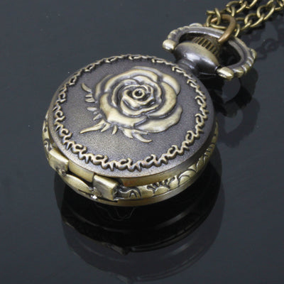 Rose Pattern Alloy Chain Analog Quartz Pocket Watch