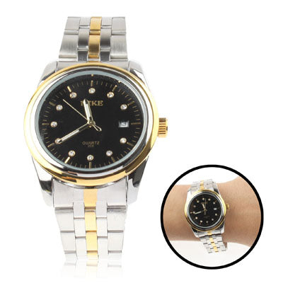 Black Dial Men Diamond Jewelry Gold Plated Quartz Watch with Date Display / Stainless Watchband