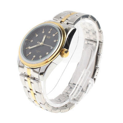 Black Dial Men Diamond Jewelry Gold Plated Quartz Watch with Date Display / Stainless Watchband