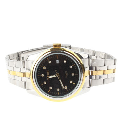 Black Dial Men Diamond Jewelry Gold Plated Quartz Watch with Date Display / Stainless Watchband