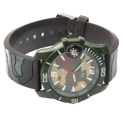 Camouflage Style Quartz Wrist Analog Watch Timepiece with Silicone Band & Compass
