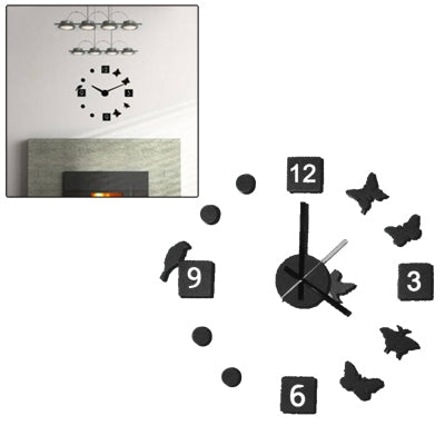 Novelty DIY Modern Art Design Wall Clock Timepiece with Foam Butterfly & Bird Markers Home Decor(Black)