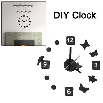 Novelty DIY Modern Art Design Wall Clock Timepiece with Foam Butterfly & Bird Markers Home Decor(Black)