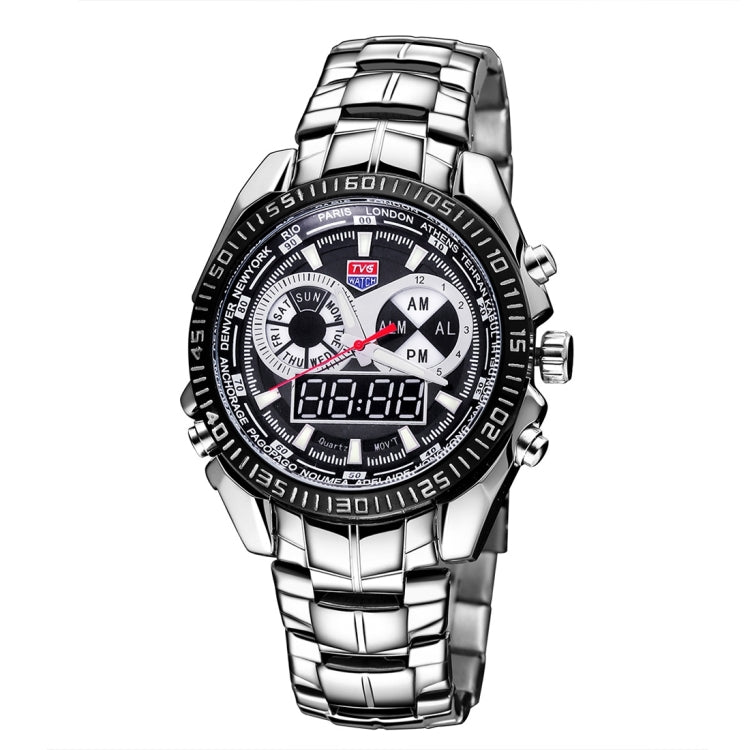 TVG Round Dial Hardlex Watch Window Luminous & Alarm & Week Display Function Quartz + Digital Double Movement Men Watch with Alloy Band