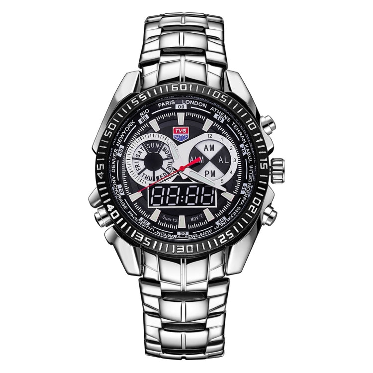TVG Round Dial Hardlex Watch Window Luminous & Alarm & Week Display Function Quartz + Digital Double Movement Men Watch with Alloy Band