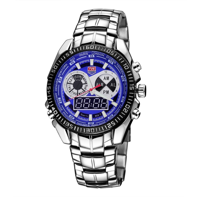 TVG Round Dial Hardlex Watch Window Luminous & Alarm & Week Display Function Quartz + Digital Double Movement Men Watch with Alloy Band