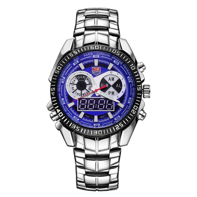 TVG Round Dial Hardlex Watch Window Luminous & Alarm & Week Display Function Quartz + Digital Double Movement Men Watch with Alloy Band