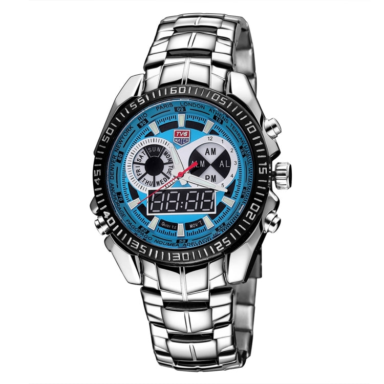 TVG Round Dial Hardlex Watch Window Luminous & Alarm & Week Display Function Quartz + Digital Double Movement Men Watch with Alloy Band
