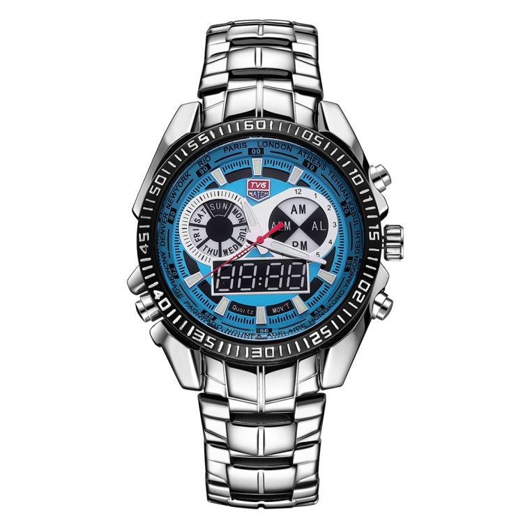 TVG Round Dial Hardlex Watch Window Luminous & Alarm & Week Display Function Quartz + Digital Double Movement Men Watch with Alloy Band