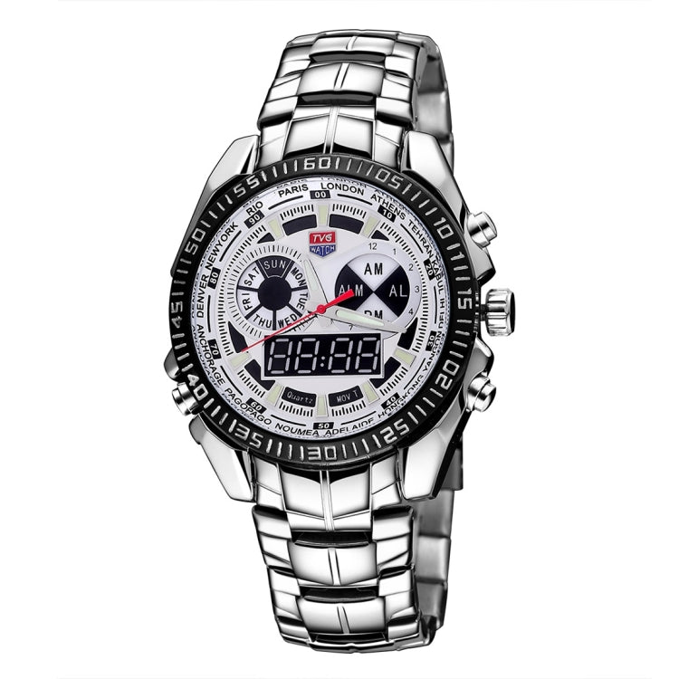 TVG Round Dial Hardlex Watch Window Luminous & Alarm & Week Display Function Quartz + Digital Double Movement Men Watch with Alloy Band