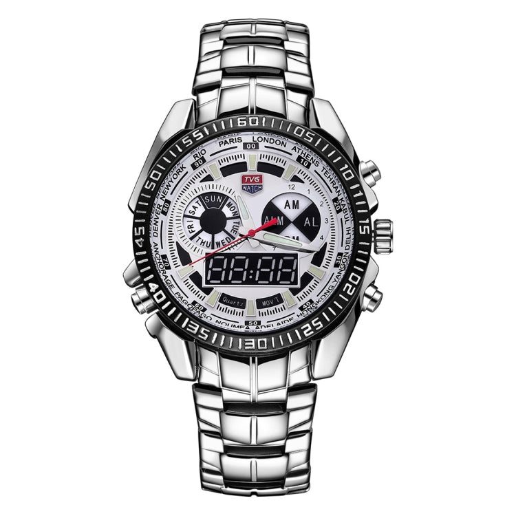 TVG Round Dial Hardlex Watch Window Luminous & Alarm & Week Display Function Quartz + Digital Double Movement Men Watch with Alloy Band